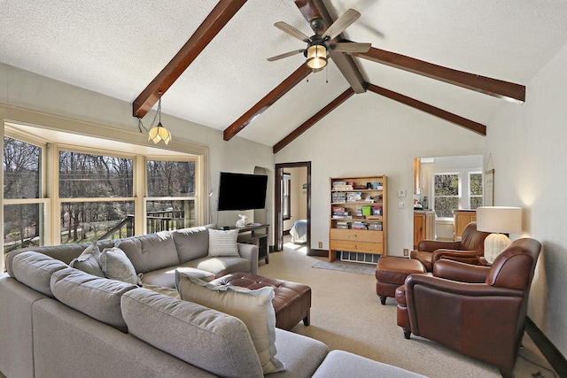 living room featuring carpet floors, beam ceiling, high vaulted ceiling, a textured ceiling, and a ceiling fan