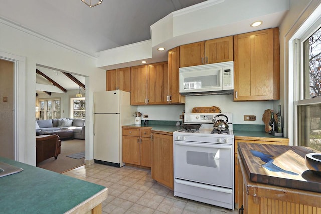 kitchen with white appliances, brown cabinets, lofted ceiling with beams, and recessed lighting