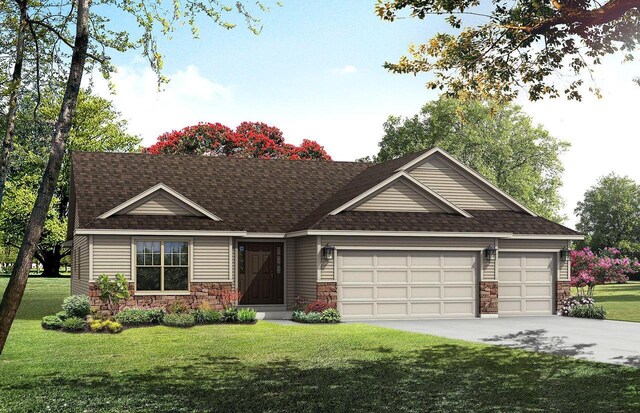 craftsman house with concrete driveway, a front yard, an attached garage, and stone siding