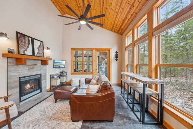 37475 Sophie Ln, Bayfield, WI 54814 - living room with a tile fireplace, high vaulted ceiling, a ceiling fan, baseboards, and wood ceiling
