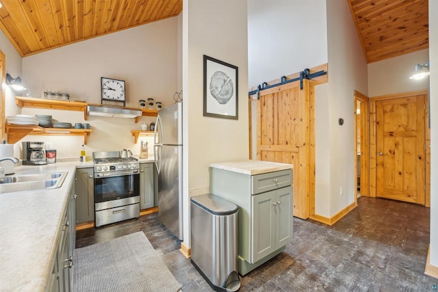 37475 Sophie Ln, Bayfield, WI 54814 - kitchen with wood ceiling, open shelves, a sink, appliances with stainless steel finishes, and under cabinet range hood