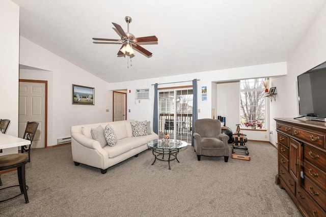 living area featuring lofted ceiling, a baseboard radiator, light colored carpet, an AC wall unit, and a ceiling fan