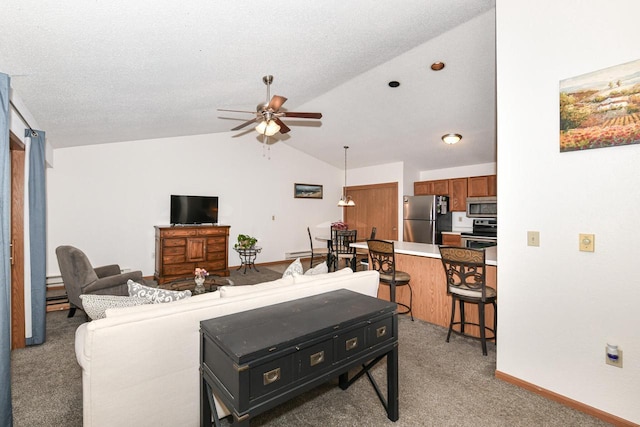 living room featuring ceiling fan, vaulted ceiling, light colored carpet, and baseboards