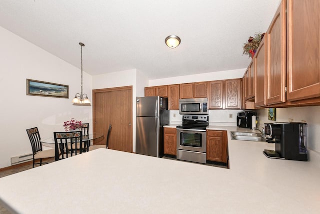 kitchen with an inviting chandelier, a sink, stainless steel appliances, a peninsula, and light countertops