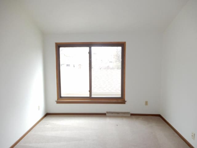 spare room with a wealth of natural light, light carpet, and baseboards