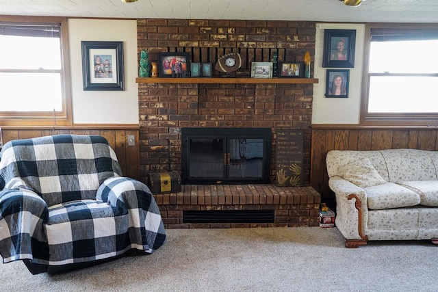 2005 Hollister Ave, Tomah, WI 54660 - living room with carpet floors, plenty of natural light, wainscoting, and a brick fireplace