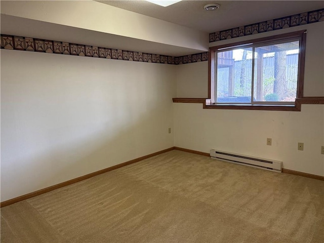 unfurnished room with baseboards, a baseboard radiator, and light carpet