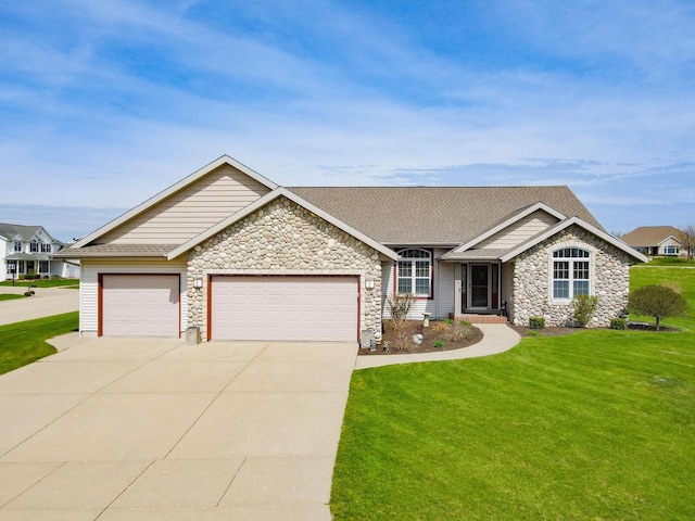 view of front of property with a shingled roof, a garage, driveway, stone siding, and a front lawn