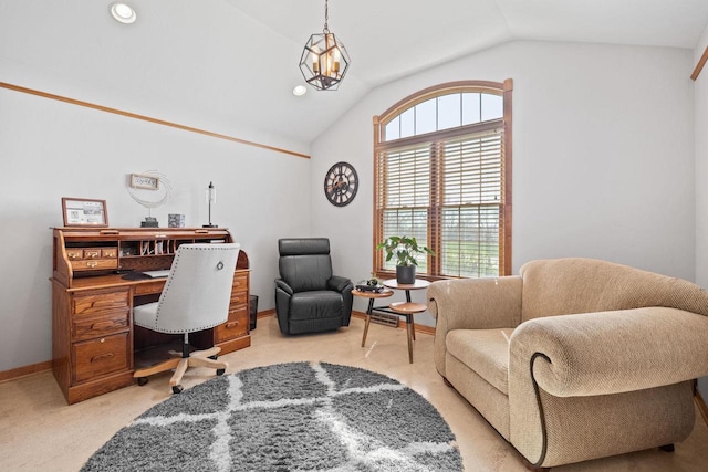 office area with baseboards, recessed lighting, light carpet, and vaulted ceiling