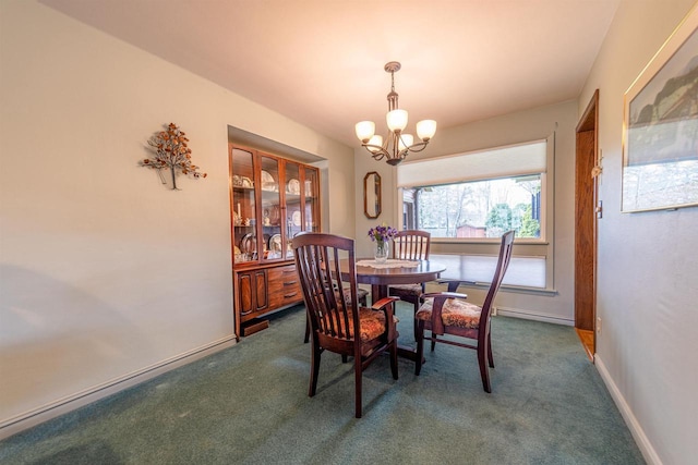 dining space featuring dark colored carpet, a chandelier, and baseboards