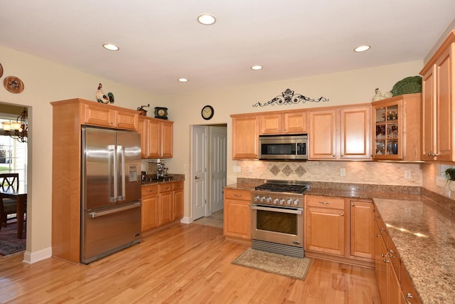 kitchen featuring backsplash, stainless steel appliances, recessed lighting, and light wood-style flooring