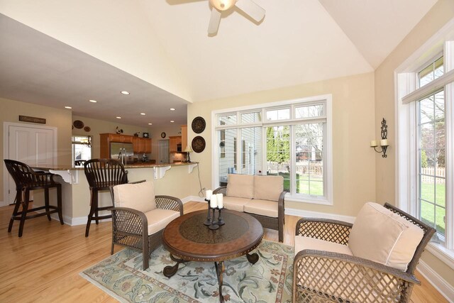 interior space with a ceiling fan, light wood finished floors, a healthy amount of sunlight, and lofted ceiling