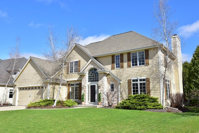 view of front facade featuring stone siding, a garage, a front yard, a chimney, and driveway