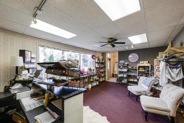 229 N Ludington St, Columbus, WI 53925 - carpeted office with ceiling fan, wallpapered walls, and a paneled ceiling