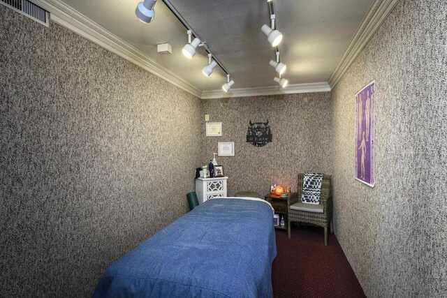229 N Ludington St, Columbus, WI 53925 - carpeted bedroom featuring crown molding, visible vents, and track lighting