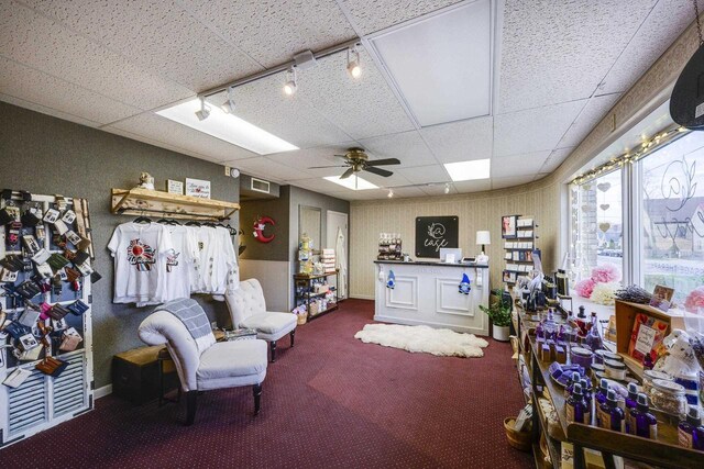 229 N Ludington St, Columbus, WI 53925 - bedroom featuring track lighting, dark carpet, a drop ceiling, and ceiling fan