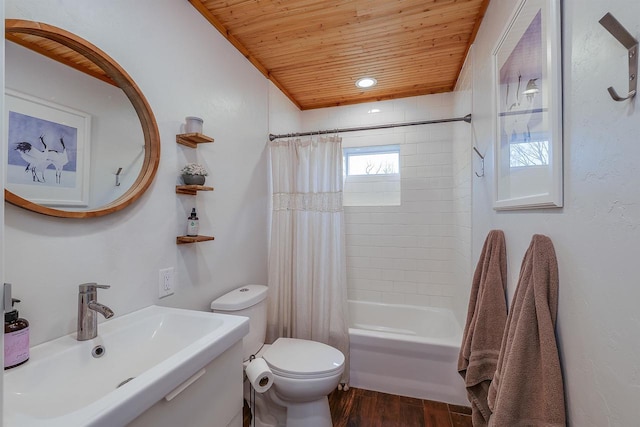 N7315 Winnebago Dr, Fond Du Lac, WI 54935 - bathroom featuring a sink, wooden ceiling, toilet, wood finished floors, and shower / tub combo with curtain