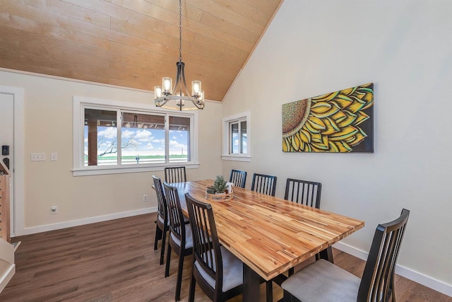 N7315 Winnebago Dr, Fond Du Lac, WI 54935 - dining room with a chandelier, wood ceiling, baseboards, dark wood finished floors, and vaulted ceiling