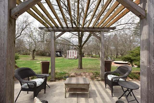 view of patio featuring an outbuilding, a shed, and a pergola
