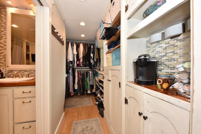 walk in closet featuring light wood-type flooring and a sink