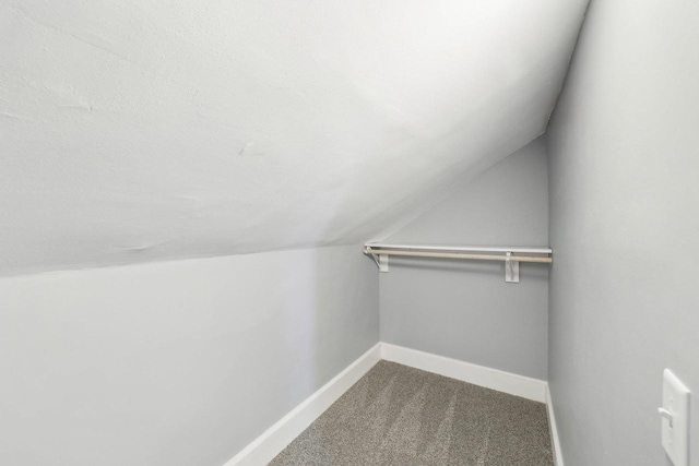 walk in closet with carpet and vaulted ceiling