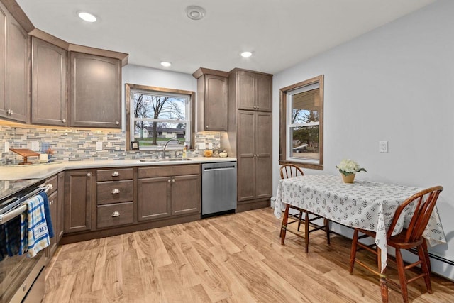 W2138 Melmar Dr, Markesan, WI 53946 - kitchen featuring light wood-style flooring, a sink, stainless steel appliances, light countertops, and backsplash