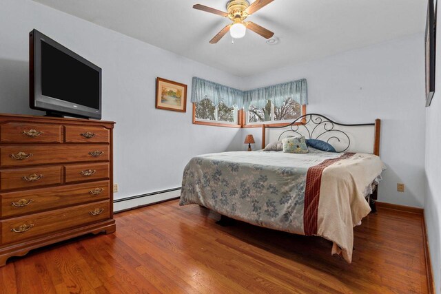 W2138 Melmar Dr, Markesan, WI 53946 - bedroom featuring ceiling fan, baseboard heating, and wood finished floors