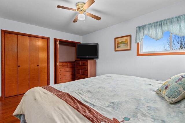 W2138 Melmar Dr, Markesan, WI 53946 - bedroom with wood finished floors, a ceiling fan, and multiple closets