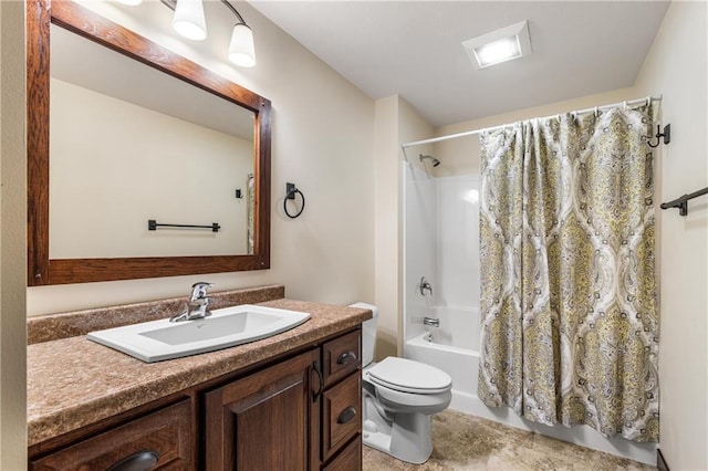 full bathroom with shower / bath combination with curtain, toilet, and vanity