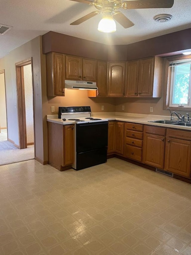 kitchen with a sink, visible vents, light countertops, electric range oven, and ventilation hood