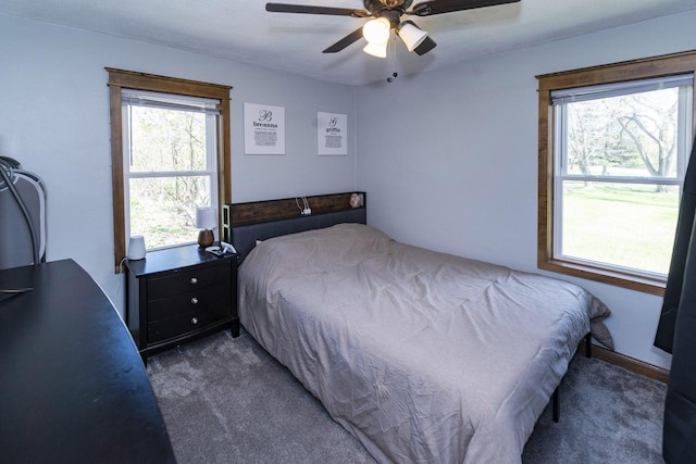bedroom featuring a ceiling fan, multiple windows, and carpet