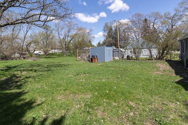 view of yard featuring an outdoor structure and a storage shed