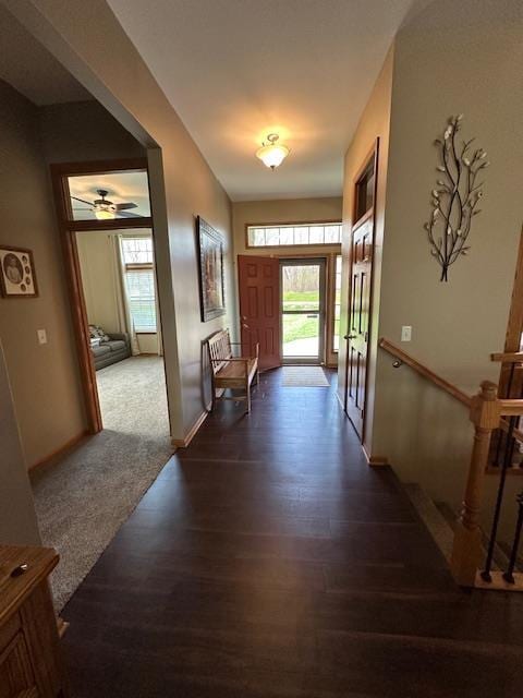 hallway featuring a healthy amount of sunlight, baseboards, and dark wood-style floors