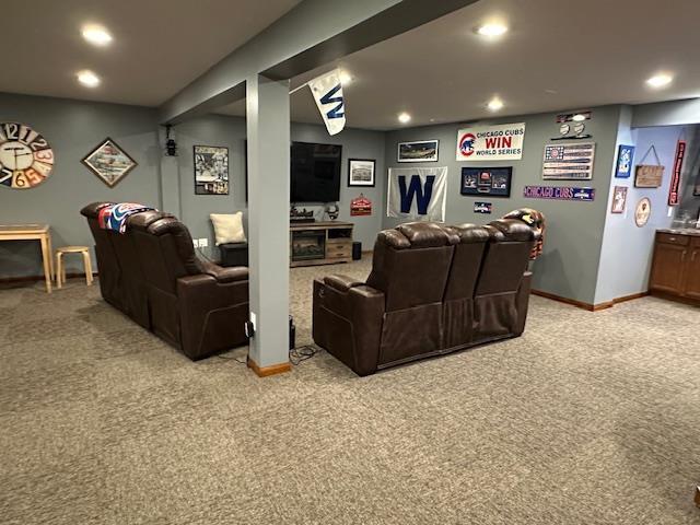 cinema featuring recessed lighting, baseboards, and light carpet