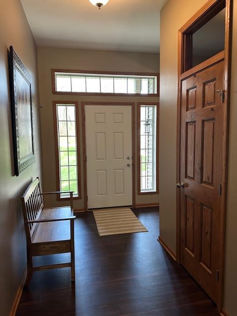 entryway with dark wood-style flooring and baseboards
