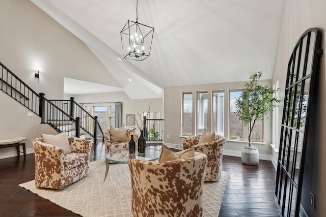 5400 N State Road 83, Hartland, WI 53029 - living room with an inviting chandelier, high vaulted ceiling, hardwood / wood-style floors, stairs, and recessed lighting