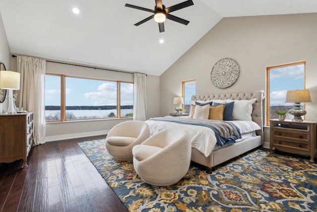 5400 N State Road 83, Hartland, WI 53029 - bedroom with high vaulted ceiling, recessed lighting, baseboards, a water view, and dark wood-style floors