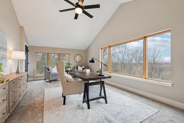 5400 N State Road 83, Hartland, WI 53029 - home office featuring carpet flooring, a ceiling fan, high vaulted ceiling, and baseboards