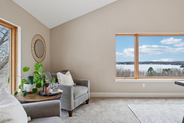 5400 N State Road 83, Hartland, WI 53029 - sitting room featuring baseboards, a water view, carpet, and vaulted ceiling