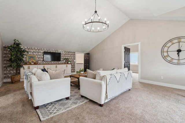 5400 N State Road 83, Hartland, WI 53029 - carpeted living area featuring baseboards, an inviting chandelier, and vaulted ceiling