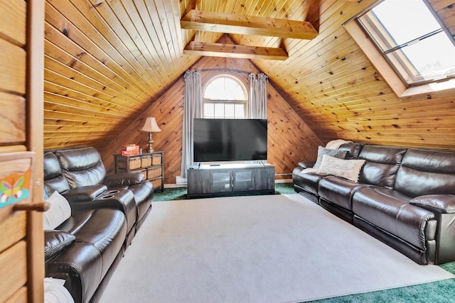 172 N St, Sun Prairie, WI 53590 - living room with a skylight, carpet flooring, wooden ceiling, wooden walls, and vaulted ceiling