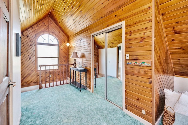 172 N St, Sun Prairie, WI 53590 - interior space with wooden walls, carpet flooring, lofted ceiling, and wooden ceiling