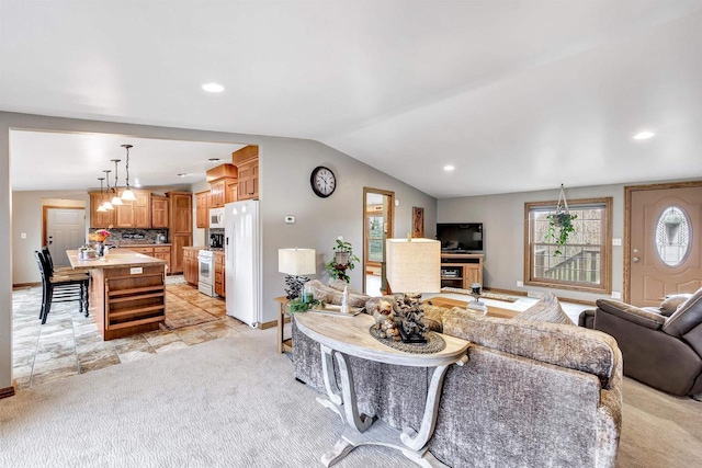 8795 County Rd S, Pulaski, WI 54162 - living room featuring recessed lighting, light carpet, lofted ceiling, and baseboards