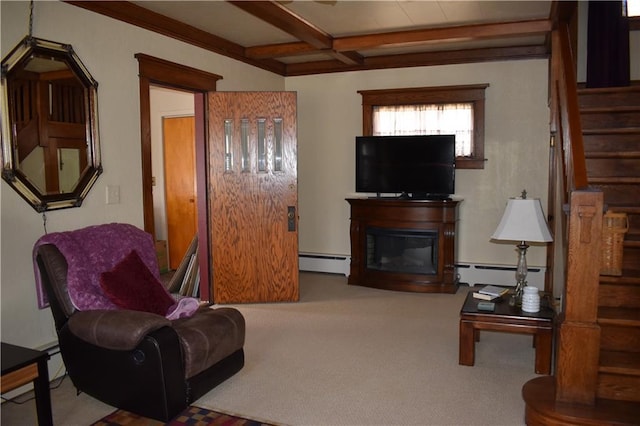 903 Wilson Ave, Rice Lake, WI 54868 - living room featuring baseboard heating, stairs, beam ceiling, and carpet flooring