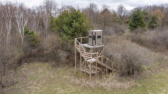 view of yard with stairs and a forest view