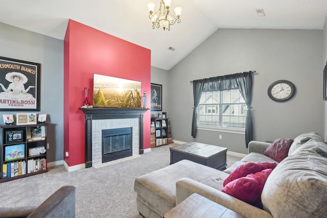 living area featuring a fireplace with flush hearth, baseboards, an inviting chandelier, carpet floors, and high vaulted ceiling