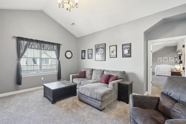 carpeted living area featuring visible vents, a chandelier, high vaulted ceiling, and baseboards