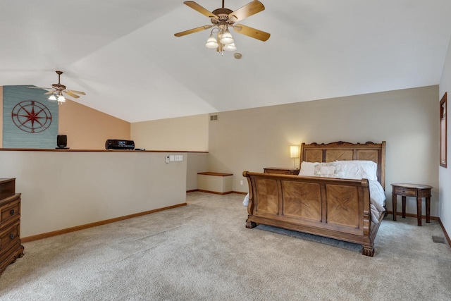 bedroom featuring baseboards, visible vents, light carpet, and vaulted ceiling