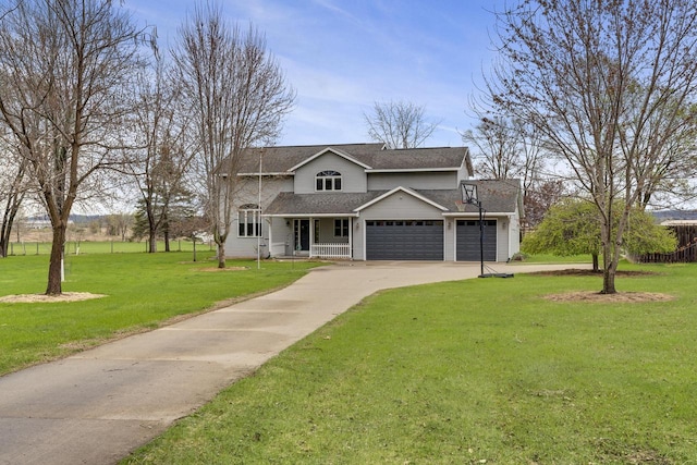 traditional home with a porch, a front lawn, a shingled roof, concrete driveway, and an attached garage