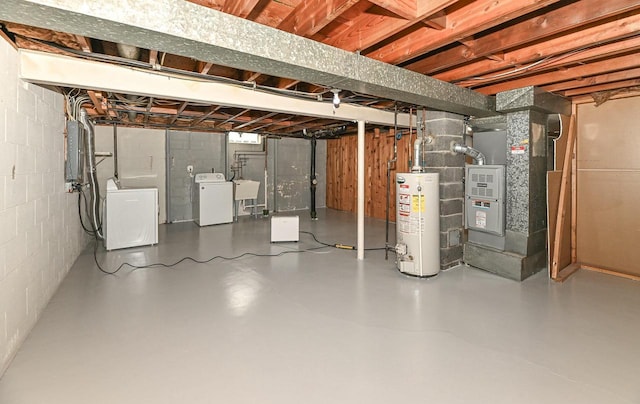 unfinished basement with gas water heater, a sink, electric panel, and washing machine and dryer